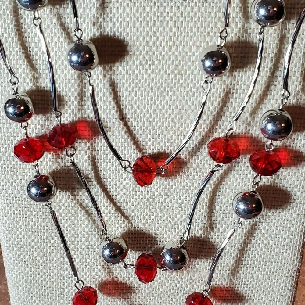 Handcrafted Art Deco Red Silver Draped Multistrand Glass Metal Beads Necklace - Picture 7 of 8